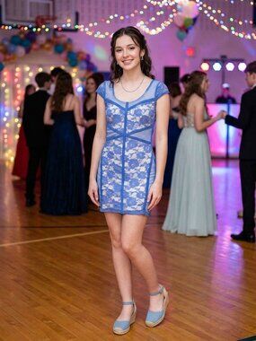 POOF COUTURE Bodycon Lace Dress Large Junior Blue Short Fitted Stretch‑Lace